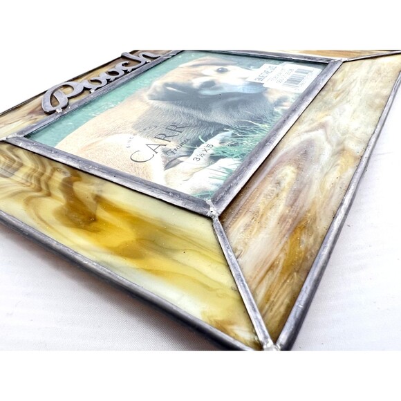 Vtg Carr Stained Glass Dog Picture Frame Pooch 3.5” X 5” Photo Brown White Gift - Picture 5 of 7
